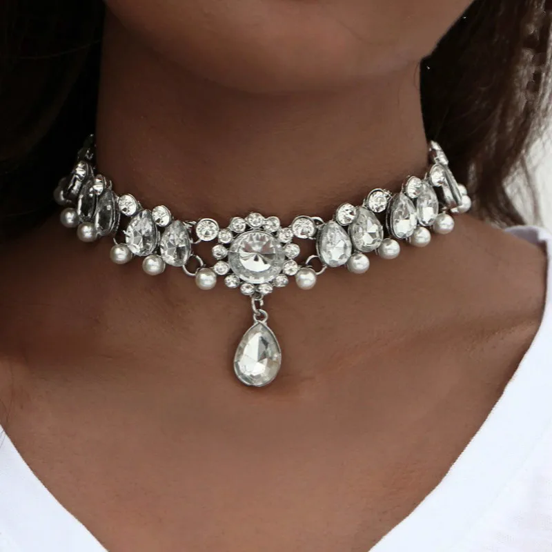 

New Fashion Water Drop Crystal Beads Choker Necklace Collar Vintage Simulated Pearl Statement Necklace Maxi Jewelry