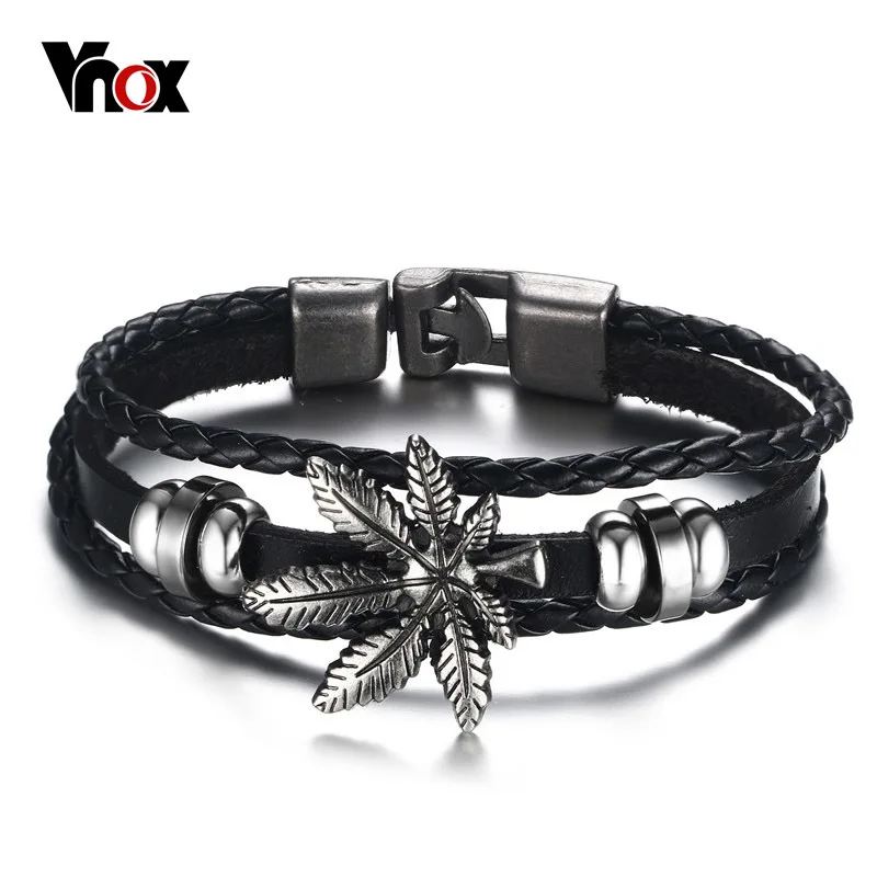 

Vnox Vintage Leaf Bracelet Bangle for Men 8.5 Inch Multilayer Black Leather Trendy Jewelry
