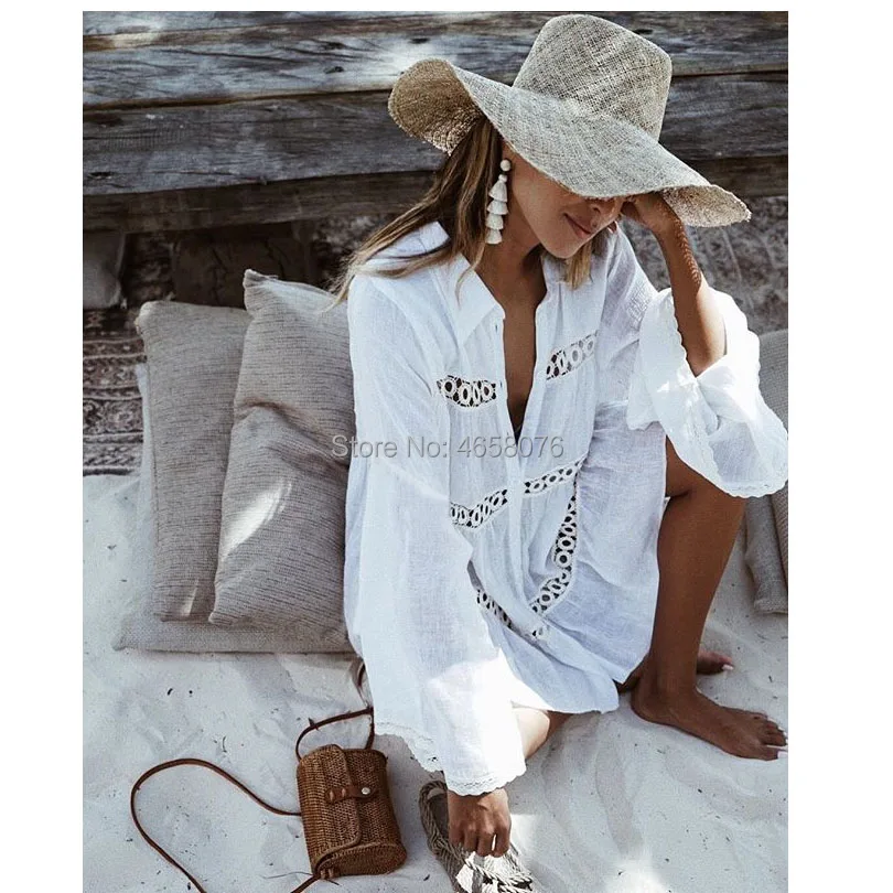 

2018 Women Swimsuit Cover Up Sleeve Kaftan Beach Tunic Dress Robe De Plage Solid White Cotton Pareo Beach High Collar Cover Up