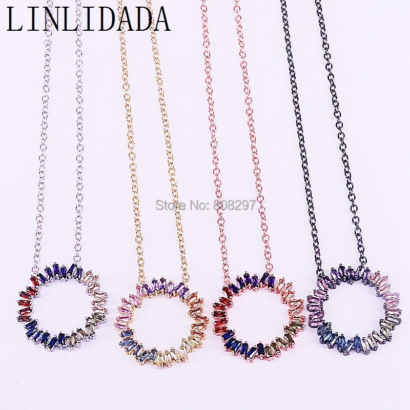 

6Pcs Rainbow CZ Crystal Micro Pave round circle Charm Pendant Necklace, Cubic Zirconia Fashion Women Necklaces