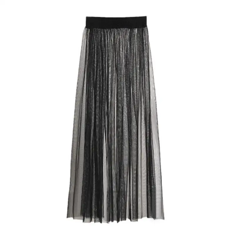 MISSKY женская летняя юбка Однотонный черный цвет Высокая талия один слой перспектива сетчатая юбка женская одежда