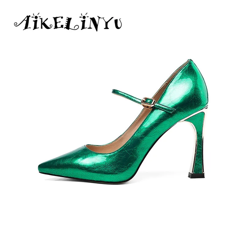 

AIKELINYU Fashion Spring Square Toes Lady Pump Solid Cowhide Leather Wedding Party Career Shoes Sexy Lady Green High Heels Pump