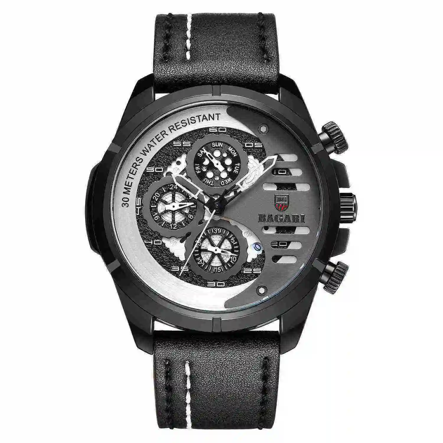

BAGARI Men's Leather Three-Eye Six-Pin Multi-Function Calendar Waterproof Quartz Business Watch,Black Gray
