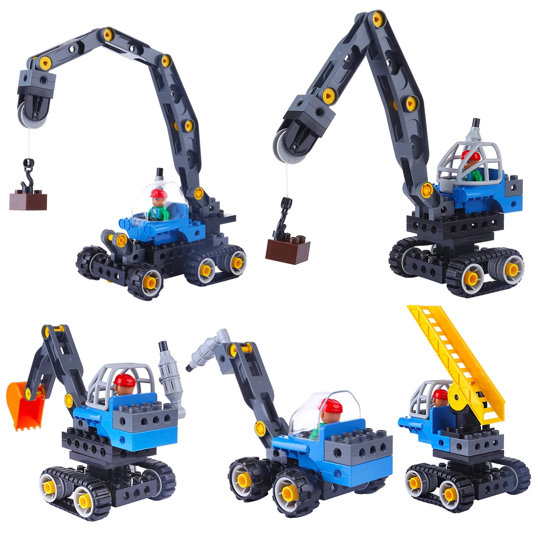 

New Hot 5-in-1 Changeable Construction Vehicle Crane Digger Bulldozer Forklift Excavator Large Particles Building Block Kit