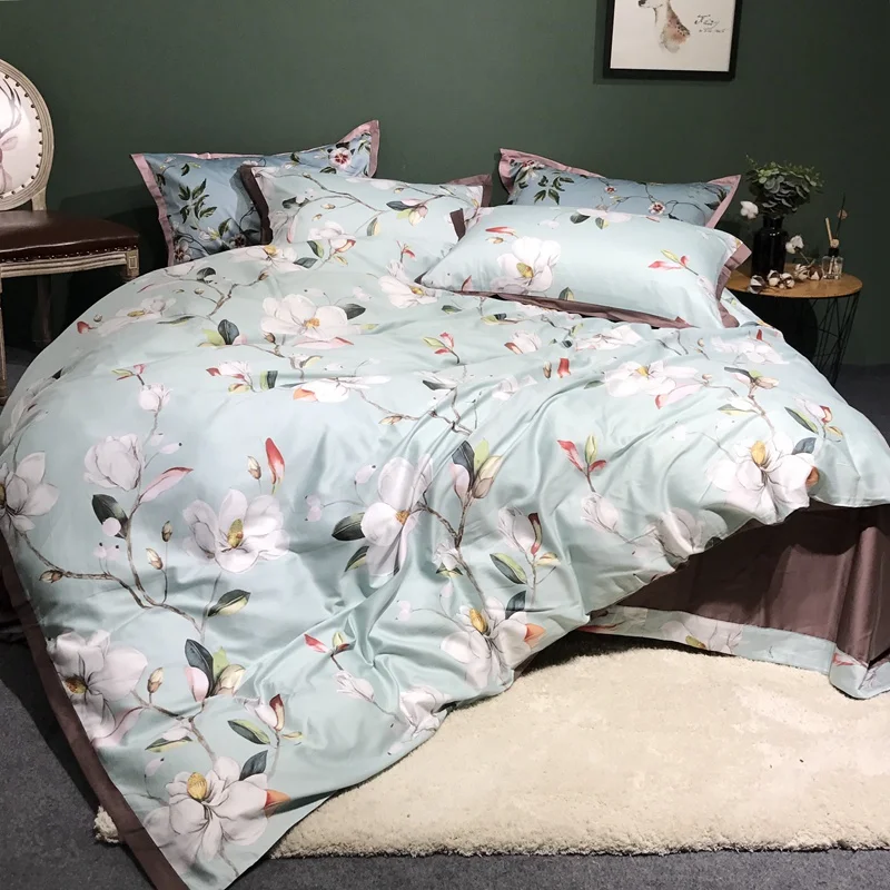 

Luxury Egyptian cotton bedding set Soft Satin blue floral pastoral bed linen flower print duvet cover bedspread