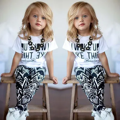 

Summer Fashion Kids Girls I Woke Up Like This Short Sleeve White Short Tops T-Shirt+Long Pants 2Pcs Outfits Set 2-9Y