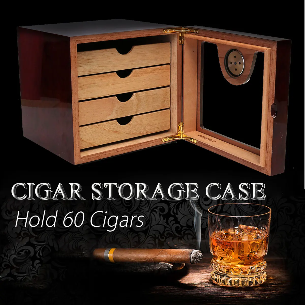 Cedar Wood High Gloss Cigar Humidor Cabinet Humidor Box Dark Red Cigars Case Box with Humidifier Hygrometer For Cigars