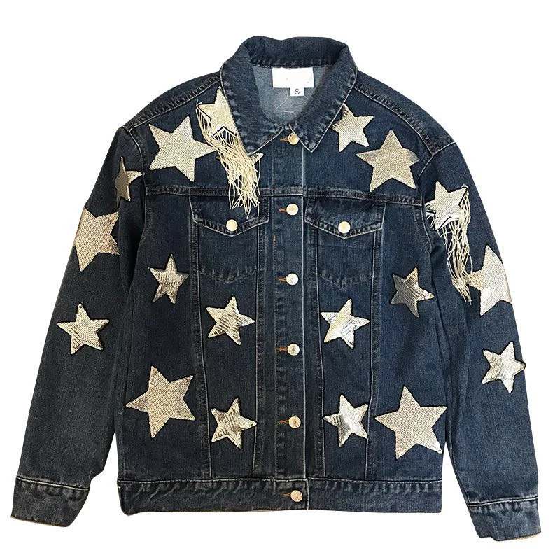 

2019 spring new sequins five-pointed star pattern tassel beaded denim jacket female
