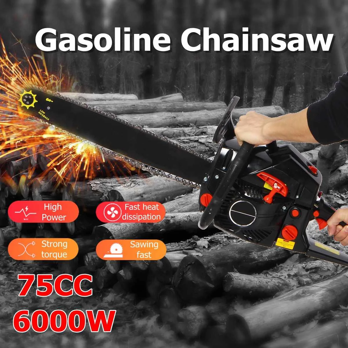 

6KW Gas Gasoline Powered Chainsaw 6000W 75cc 2-stroke Gasoline Chain Saw Wood Pruning Cutting