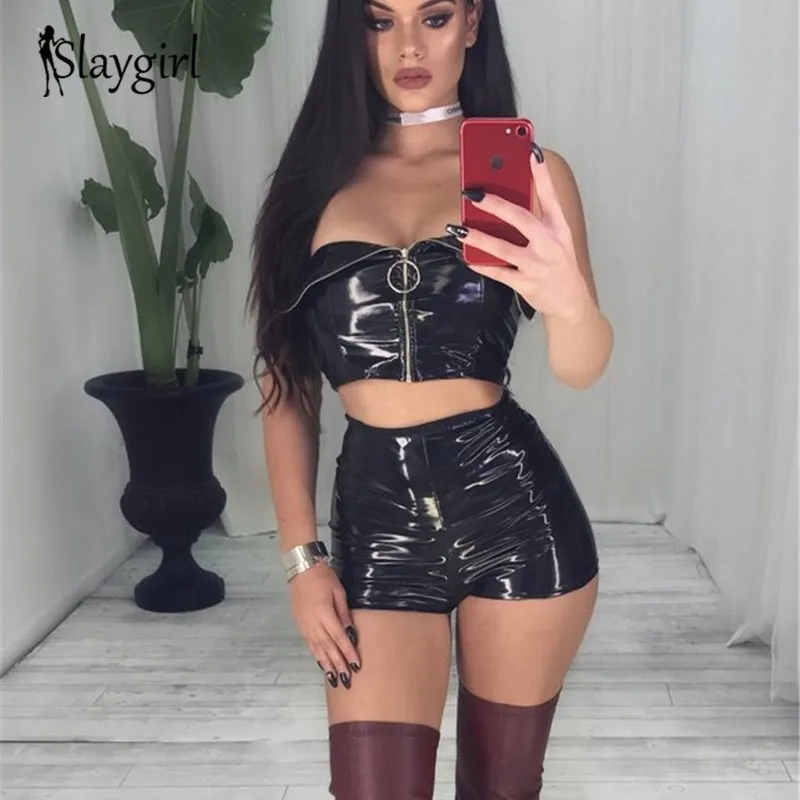 Slaygirl مثير الصلبة الأسود قطعتين مجموعة بو بنطال جلدي النساء الخريف أكمام قصيرة حمالة أعلى وسحاب 2 قطعة مجموعة Slaygirl مثير الصلبة الأسود قطعتين مجموعة بو بنطال جلدي النساء الخريف أكمام قصيرة حمالة أعلى وسحاب 2 قطعة مجموعة