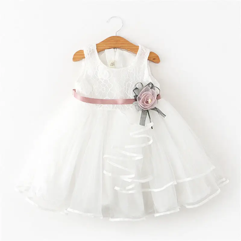 

2018 New Brand Solid Cotton Ball Gown Flower Kid Toddler Baby Girl Sleeveless Dress Princess Wedding Lace Tutu Dresses