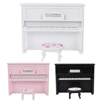 

1:12 Doll House Accessories Mini Upright Piano Model Toy with Stool Simulation Furniture Dollhouse Cute Mini Wooden Piano