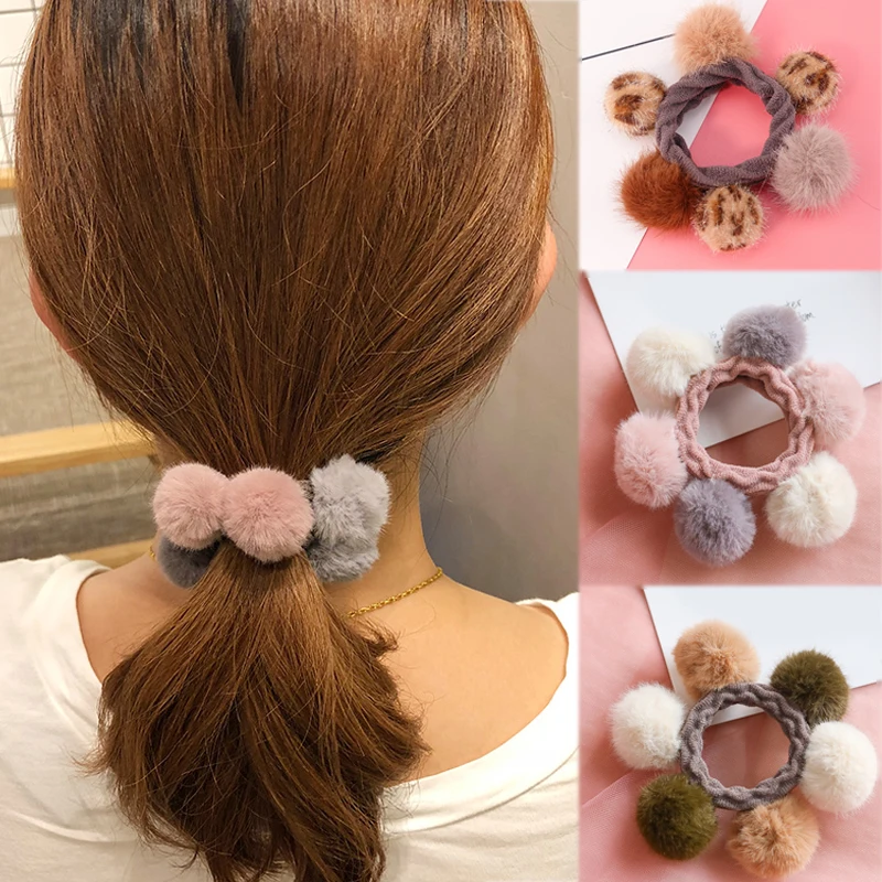 

1PC Ponytail Holder Fuzzy Ball Leopard Print Graceful Women Hair Rope Exquesite Elastic Hair Accessories Adjustable 7 Colors