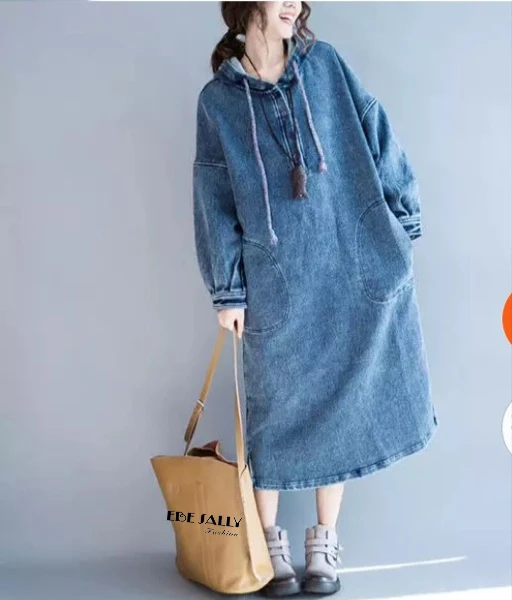 

Drawstring Hooded Pocket Solid Washed Denim Long Sleeve Button Pullover Jumper Jean Dress Loose Oversized Robe Windbreaker Hoody