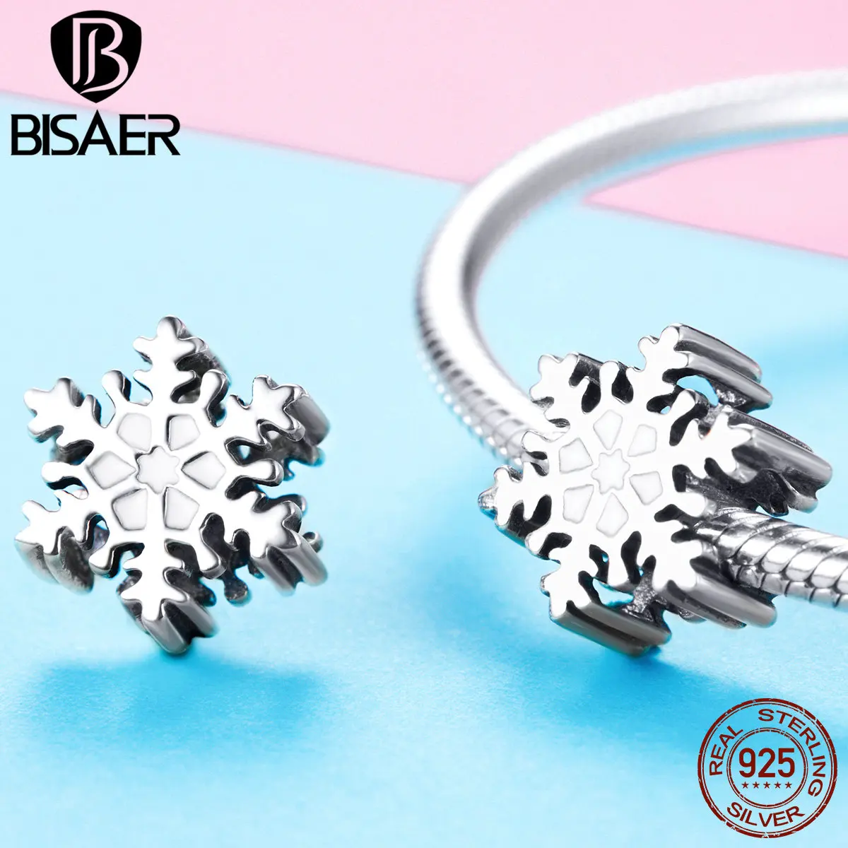 

BISAER Hot Fashion 925 Sterling Silver Clean and Flawless White World Snow Beads For Bracelet Women Jewelry Gift HSC1037