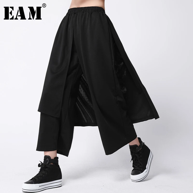 

[EAM] 2019 New Autumn Winter High Elastic Waist Black Loose Long False Two Wide Leg Pants Women Trousers Fashion Tide JK908