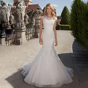 Ashley Carol Fashion Scoop Cap Sleeve Sexy Mermaid Wedding Dresses 2019 Lace Trumpet Bridal Dress Romantic Vintage Wedding Gowns