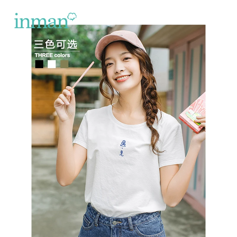 

INMAN 2019 Summer New Arrival O-neck Literary Embroidery Retro Casual All Matched Slim Short Sleeve Women T-shirt