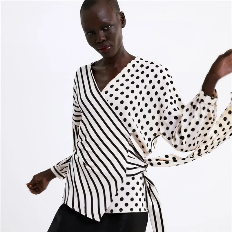 

ZOUHIRC New Brand Women Shirts Sashes Long Sleeve V-neck Patchwork Strip Dot Loose Women Summer Causal Shirts Tops Ladies