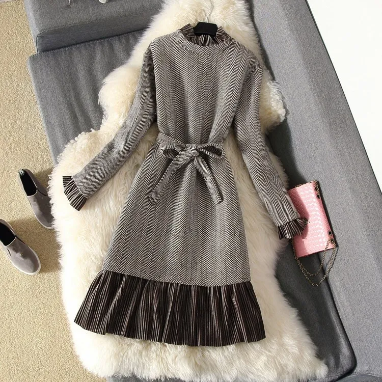 

Autumn Winter Woolen Dress Women Ruffle Vintage Striped Wool Blend Dress Ladies Sashes Slim Party Dress