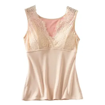 

Fashion Ladies Solid Color Lace Stitching V-Neck Plus Velvet Warm Vest Women Tops Autumn Winter Chest Pad Vest Camis Female