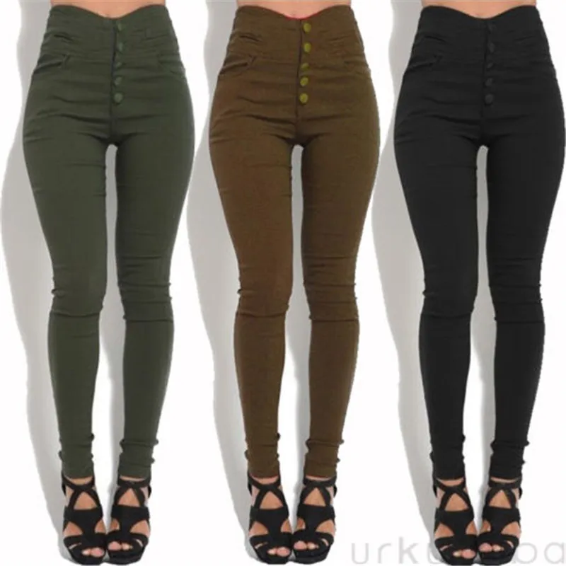Модные женские обтягивающие брюки-карандаш с высокой талией, обтягивающие брюки, стильные женские длинные брюки на пуговицах черного/армейского зеленого/коричневого цвета