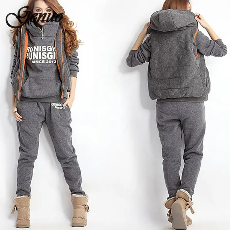 

3PCS Running Sets Womens Hoodies Warm Women letter Tracksuit Set Thicken Sweat Tops Pants Suit Female Plus Velvet Thick Clothing