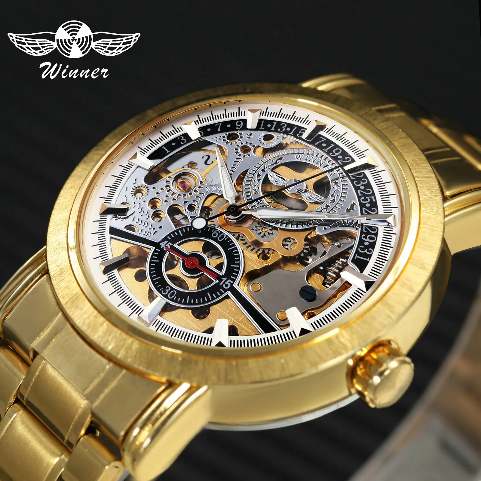 

WINNER Top Brand Luxury Automatic Mechanical Watch Men Golden Stainless Steel Strap Skeleton Dial Fashion Royal Wristwatches