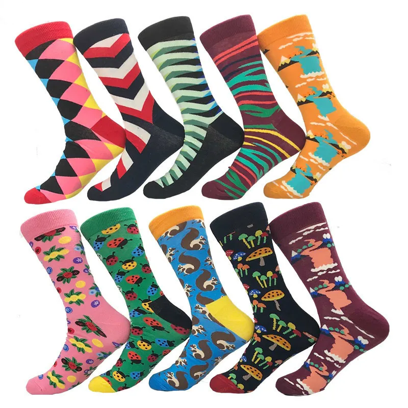1 пара мужских носков, цветные мужские носки из чесаного хлопка, повседневные носки с принтом, вязаные забавные носки с геометрическим