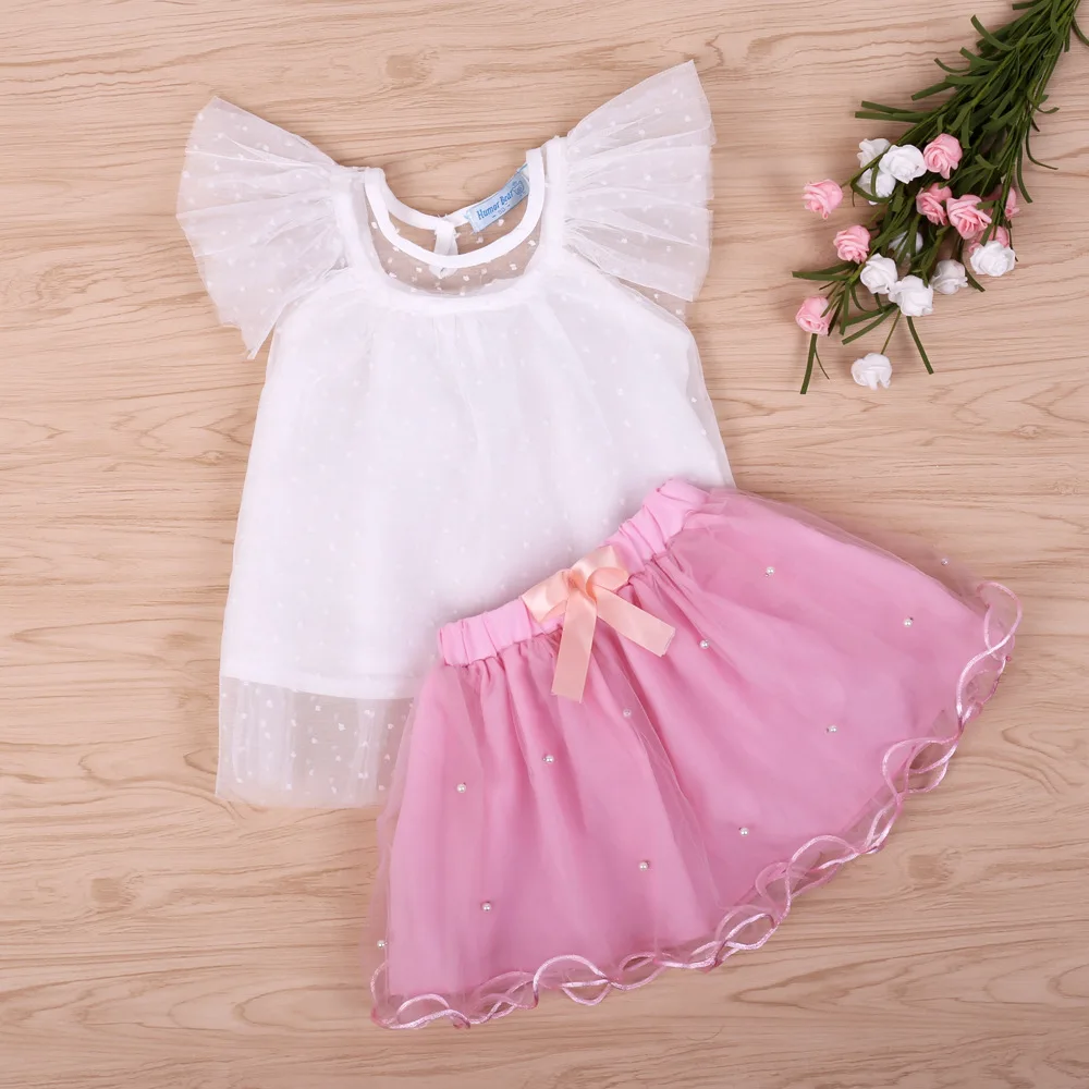 

princess kid girls clothes white tops+tutu skirt with Beading summer kids toddler clothing sets children outfits pink gray blue