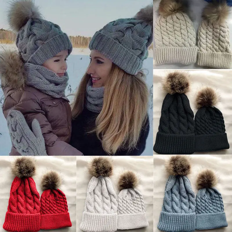 Комплекты из 2 предметов женские шапки для новорожденных Детские теплые зимние вязаные шерстяные шапочка мех с помпоном-кисточкой шапки вязаные шапочки для мамы и ребенка