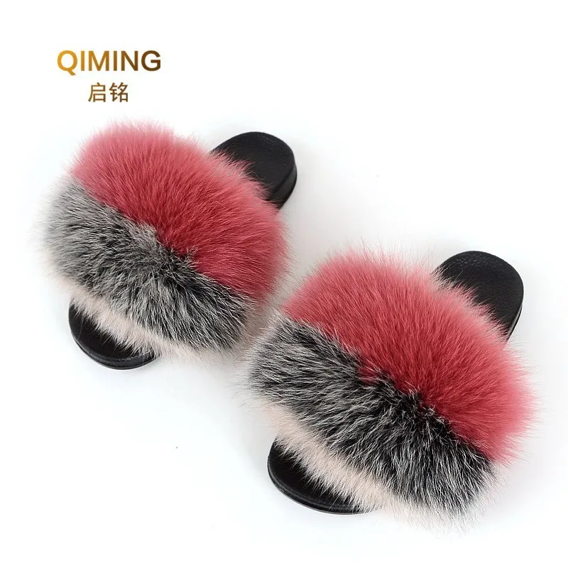 

Fur Slides for Women House Female Cute Plush Fluffy Sandals Summer Ladies Shoes Furry Fox Hair pvc Flats Real Fox Fur Slippers