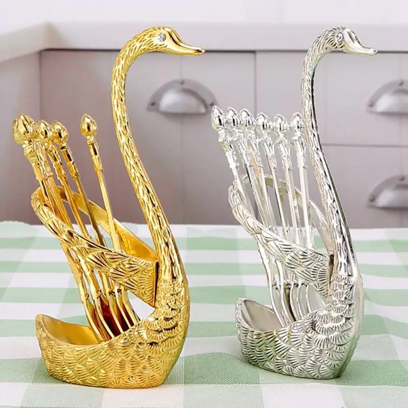 

Stainless Steel Swan Base Holder with 3 Dessert Forks Coffee Spoons Set Tableware Home Decor