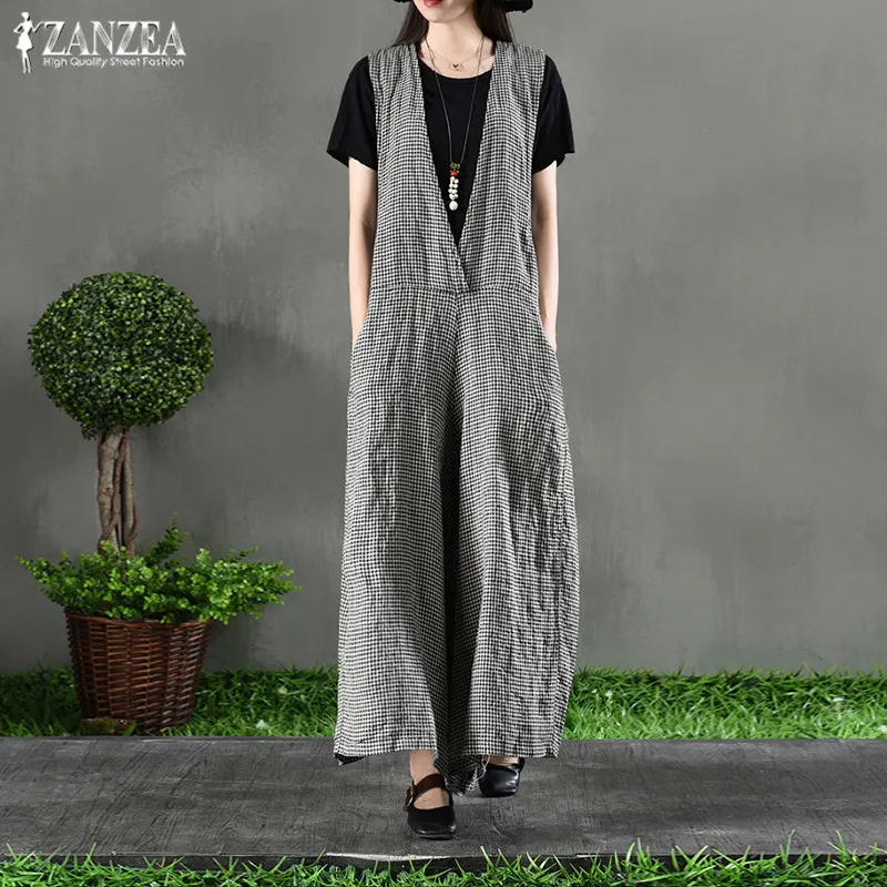 Plus Size Linen Overalls for Women Plaid Jumpsuits 2019 ZANZEA Summer V Neck Playsuits Female