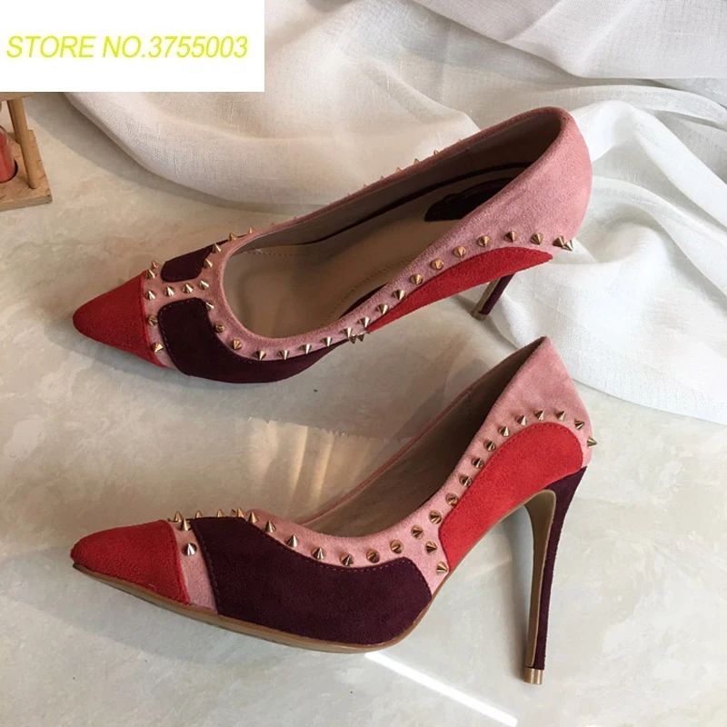 

2018 Pointed Toe Slip On Pumps Multicolored Rivets Embellished High Heels 2018 Spring Autumn Wedding Party Dress Shoes Women