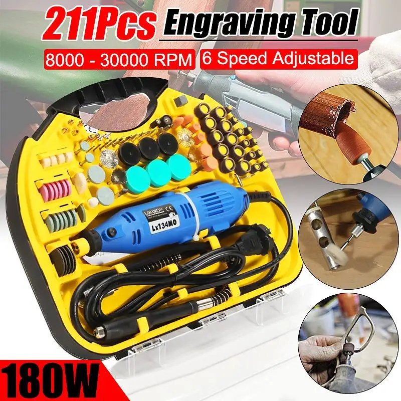 

211pcs 220V/ 110V Rotary Tool Set Mini Drill Grinder Engraver Sander Polisher Kit 8000-30000/min 0.5 - 3.2mm Collect Capacity