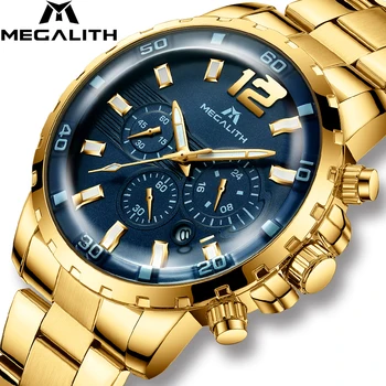 

MEGALITH Luxury Casual Watches Mens Waterproof Chronograph Mens Watches Gold Steel Strap Quartz Watches Clock Relogio Masculino