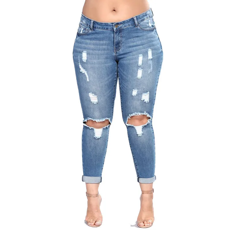 Dilusoo Women Holes Plus Size Jeans Pants High Elastic Skinny Pencil Pants Denim Jeans Woman Casual Spring Size 2-7XL Trousers