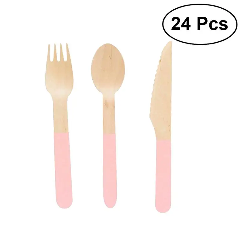 

Wooden Forks Spoons Knives Set Disposable Wood Cutlery Utensils Tableware for Dinner Barbecue (Pink)