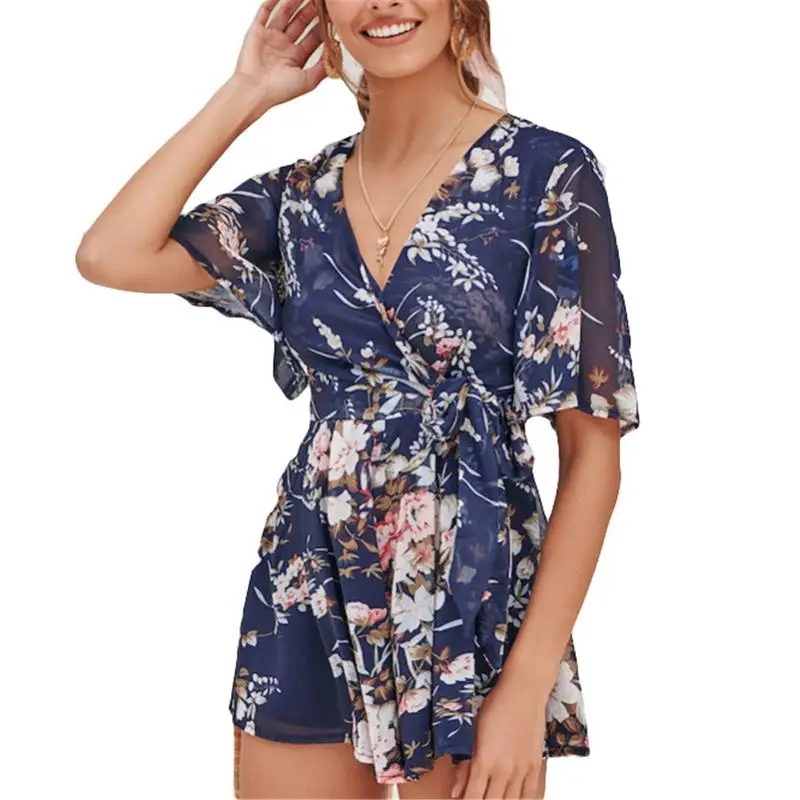 

2019 Women Chiffon Beach Jumpsuit Floral Printed Personality Fashion Temperament Short Sleeve Romper V-neck Loose Casual Catsuit