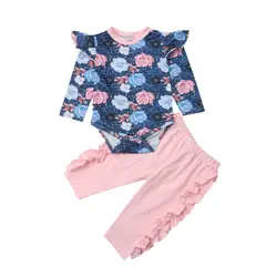 Новинка 2019 года, зимняя одежда для новорожденных девочек, модная одежда, топы с цветочным рисунком, цельный комбинезон + длинные штаны, 2