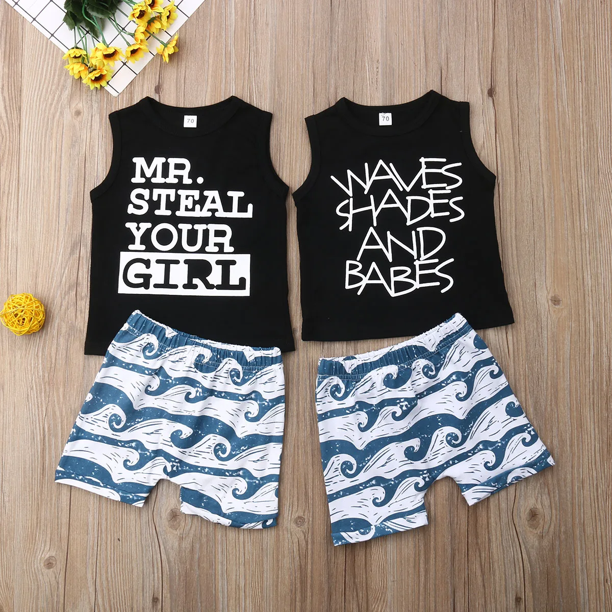 Новая стильная одежда для маленьких мальчиков и девочек 0-3 лет, 2 предмета Летний жилет топы, шорты с волнами, комплект со штанами