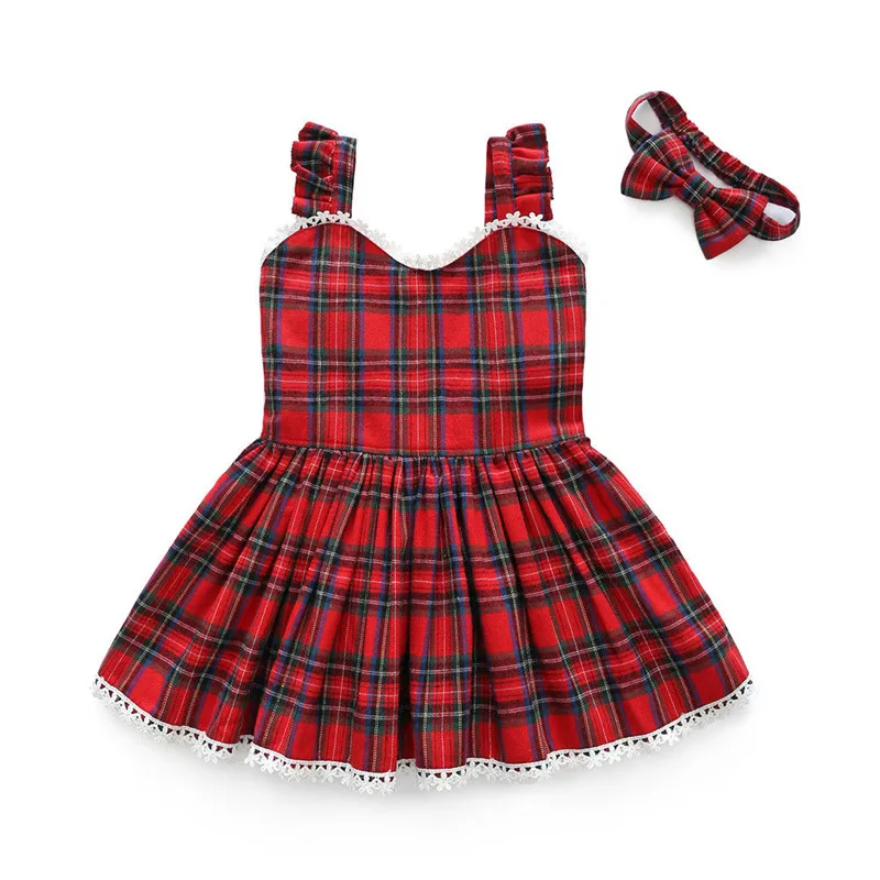 

Adorable Kids Baby Girl Summer Red Plaid Outfits Lace Strappy V-Neck High Waist Princess Dress Girl Bow Headband 2Pcs Sets 0-3Y