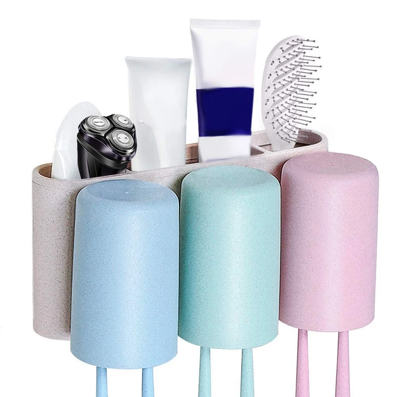 

Toothbrush Holder Wall Mounted Self Adhesive Wheat Straw Bathroom Storage Organizer 3 Rinse Cups 4 Slots Toothpaste,Cleanser,C