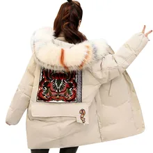 Winter Fashion Down Cotton Jacket Women Parkas Coat New Embroidered Hooded Fur Collar Thick Warm Clothing Medium Long Outerwear 2018 new winter children jackets teenage girls winter jacket fur hooded collar medium long warm kids parkas warm outerwear