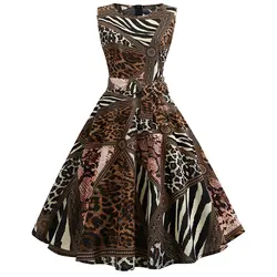 Хлопок рокабилли Ретро Винтаж платье Свинг женское платье Одри Хепберн леопардовым принтом женская одежда
