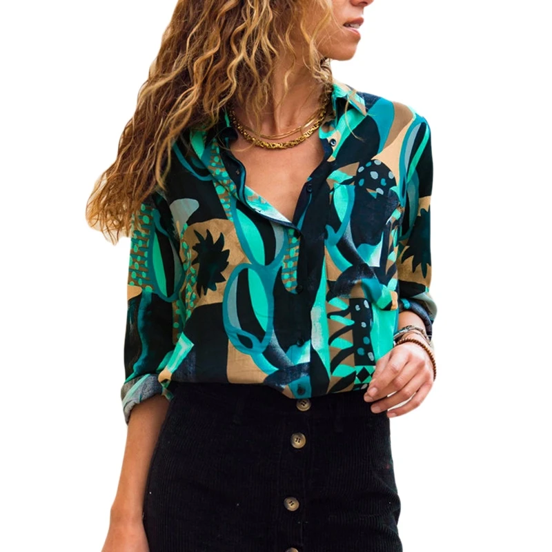 MYTL цветная рубашка для женщин Винтаж печати шифоновая блузка с длинным рукавом V средства ухода за кожей Шеи И пуговицы Свободная Женская