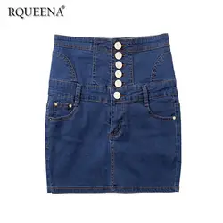 Rqueena Для женщин Джинсовые юбки черный/синий Весна джинсовая юбка Женская мода хлопок плюс Размеры Высокая Талия Джинсовая юбка для Для