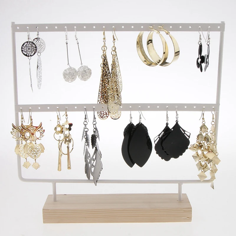 Wood 44 Holes Earrings Organizer Holder Necklaces Rack 2 Layers Jewelry Display Stand Jewelry Acces