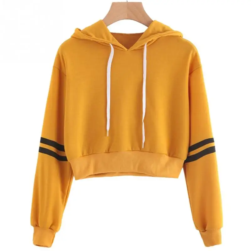 

Women Loose Striped Autumn Crop Top Hoodie Long Sleeve Drawstring Short Hooded Sweatshirt Yellow high quality Girl Outwear